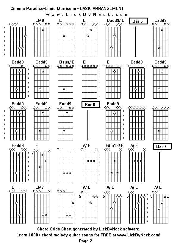 Chord Grids Chart of chord melody fingerstyle guitar song-Cinema Paradiso-Ennio Morricone - BASIC ARRANGEMENT,generated by LickByNeck software.